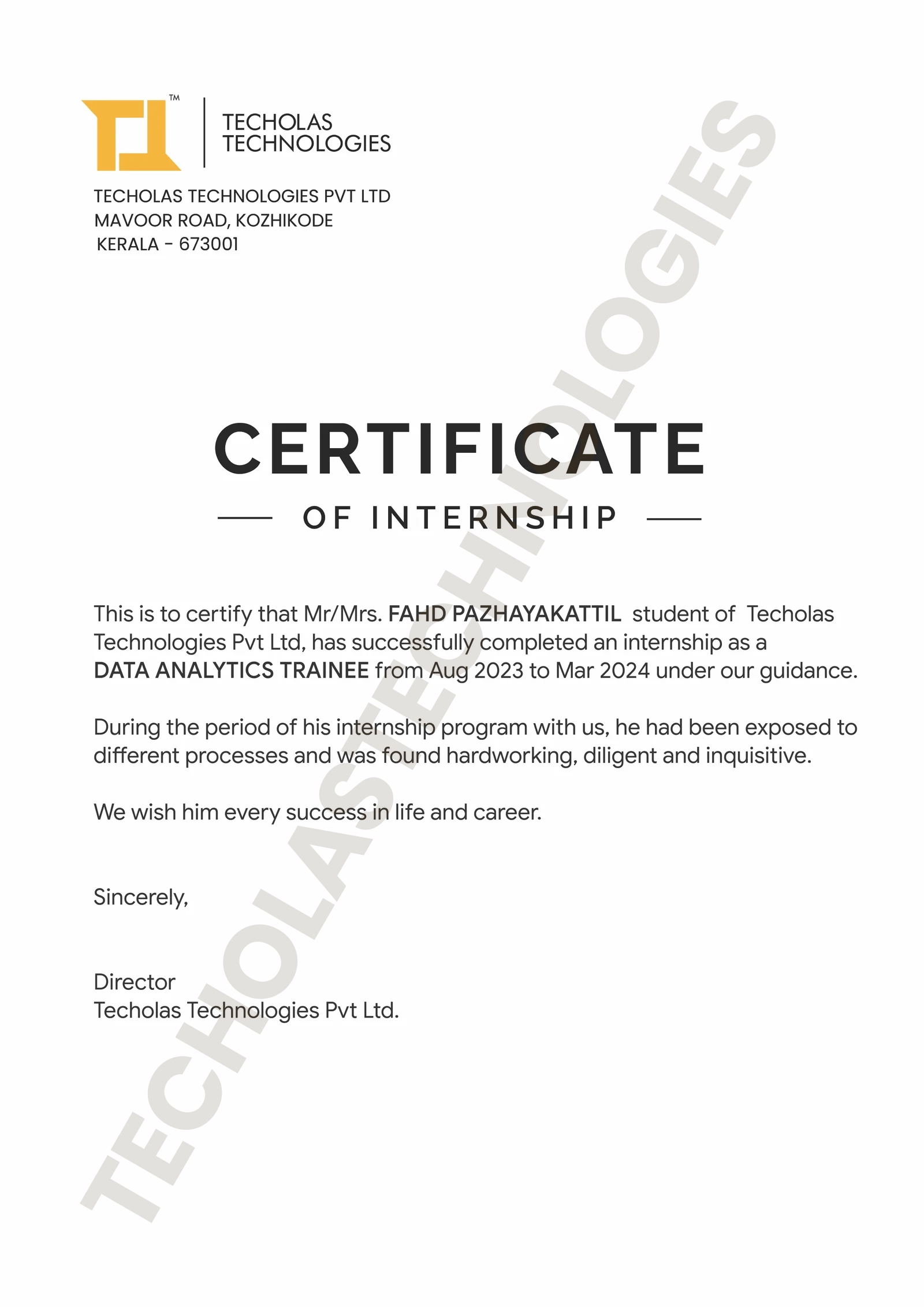 Business Analytics Internship Certificate